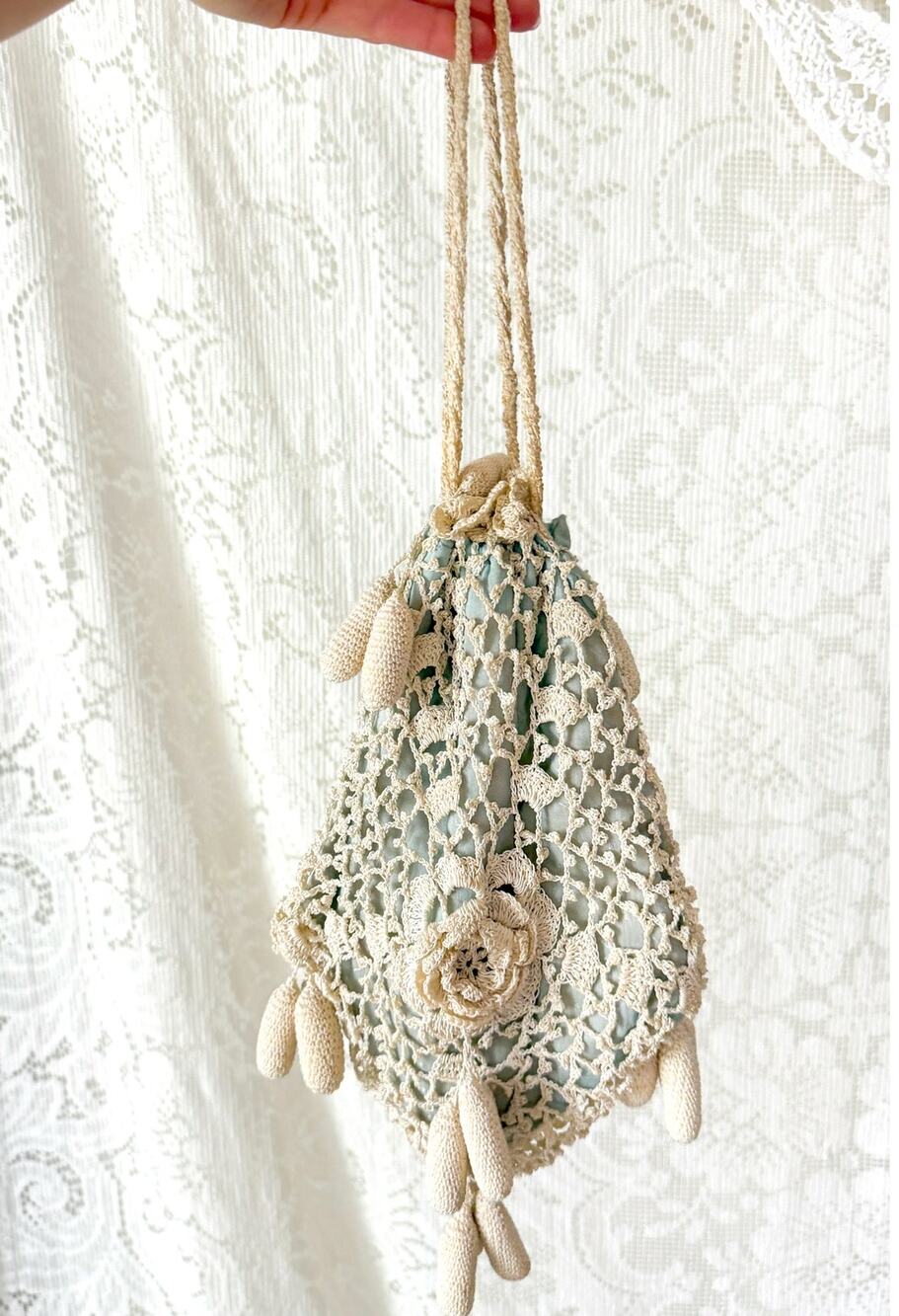 Antique Edwardian Irish Crochet Reticule Purse Sea Foam Green Lined